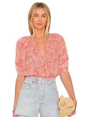 Cleobella Layla Blouse in Blossom Block Print M Medium Orange Coral Pink Organic